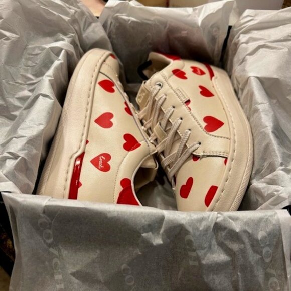 Coach Valentine's Leather Print Lowline Low Top Chalk/Sport Red Sneakers - Picture 1 of 12